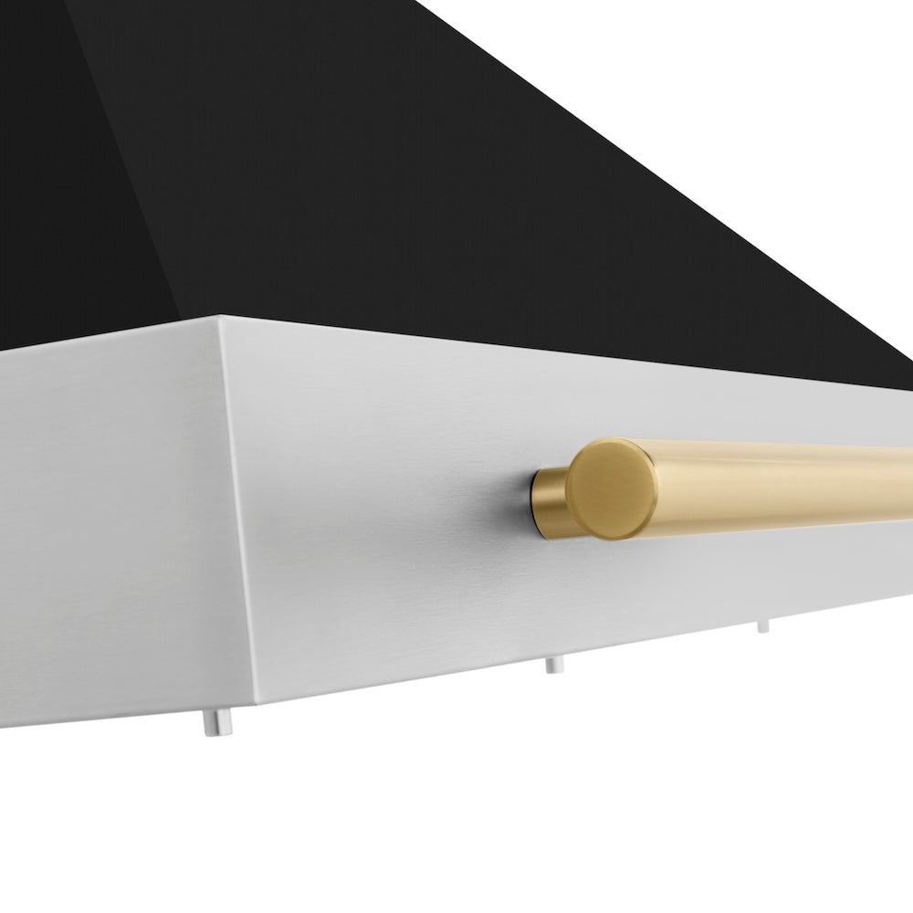 ZLINE Autograph Edition 36-inch range hood in black matte and polished gold accents KB4STZ-BLM36-G, detail