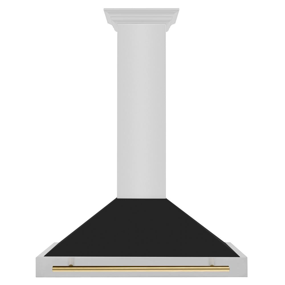 ZLINE Autograph Edition 36-inch range hood in black matte and polished gold accents KB4STZ-BLM36-G, front view