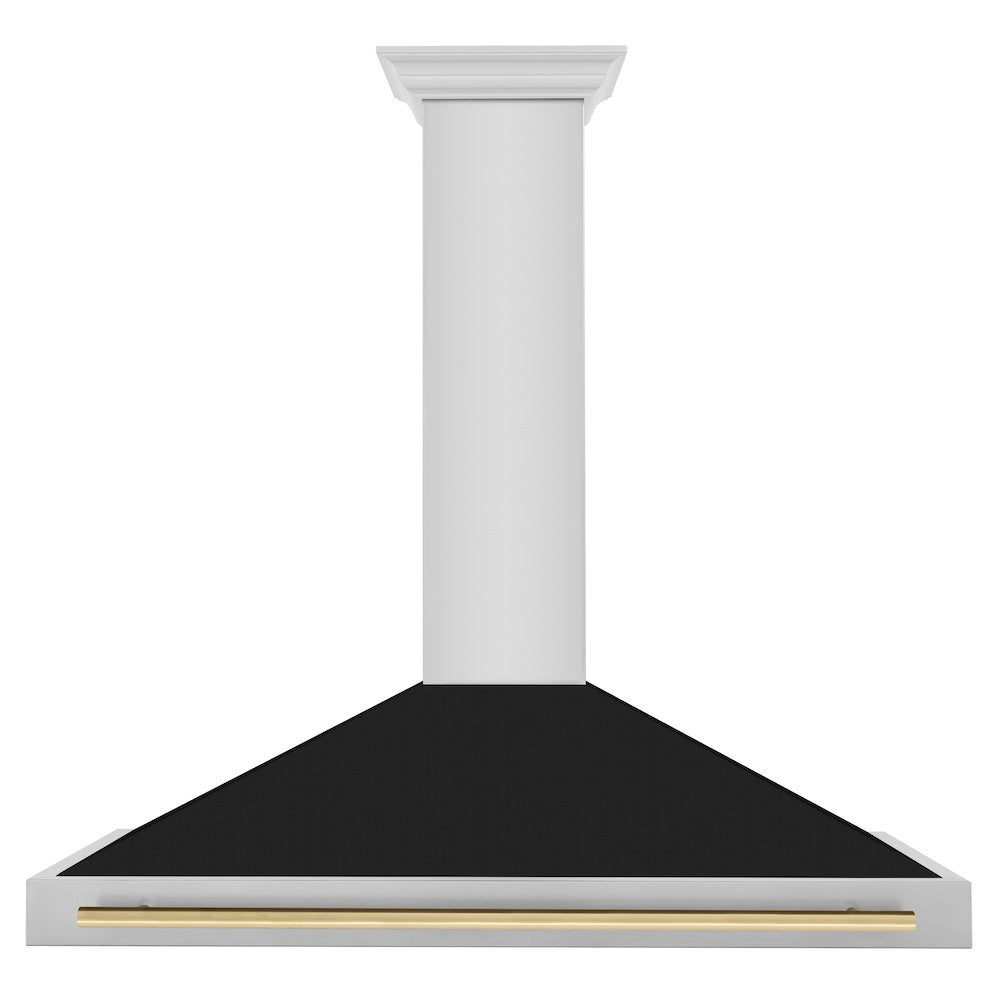 ZLINE Autograph Edition 48-inch range hood in black matte and champagne bronze accents KB4STZ-BLM48-CB, front view