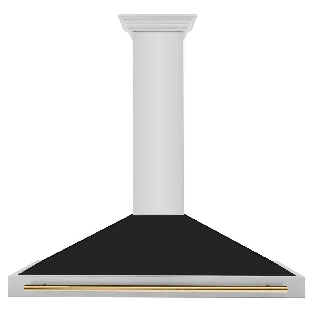 ZLINE Autograph Edition 48-inch range hood in black matte and polished gold accents KB4STZ-BLM48-G, front view