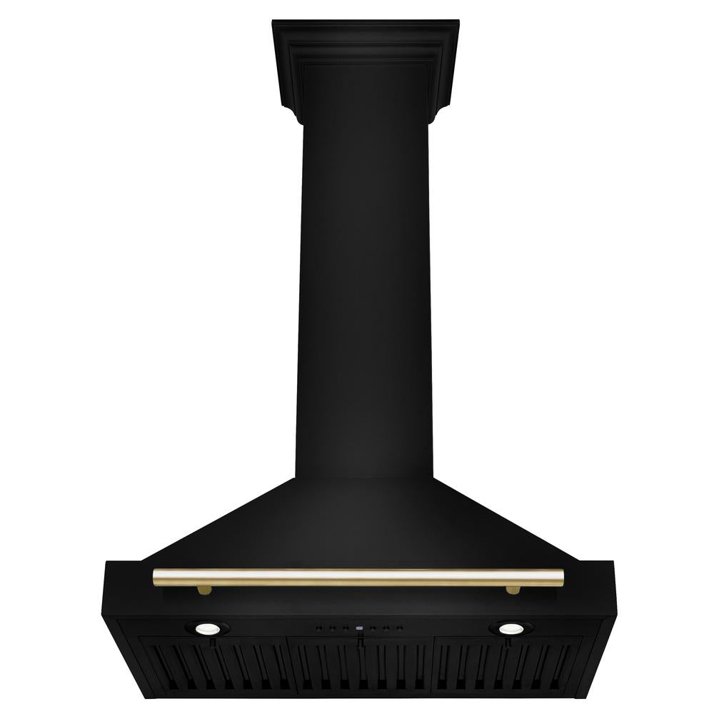 ZLINE Autograph Edition 30-inch range hood in black stainless steel and polished gold accents BSKB4Z-30-G, view 4