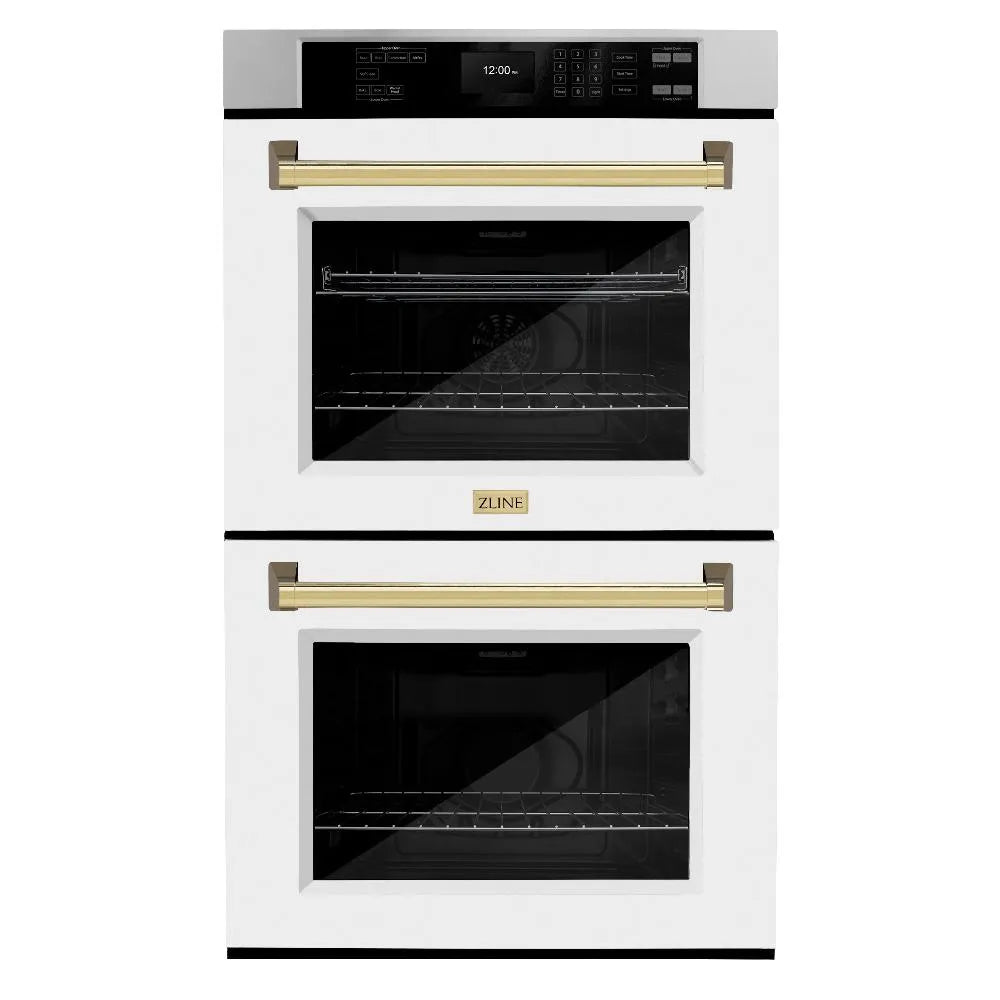 ZLINE Autograph Edition Professional 30-inch wall oven in stainless steel with white matte door and polished gold accents WADZ-WM-30-G