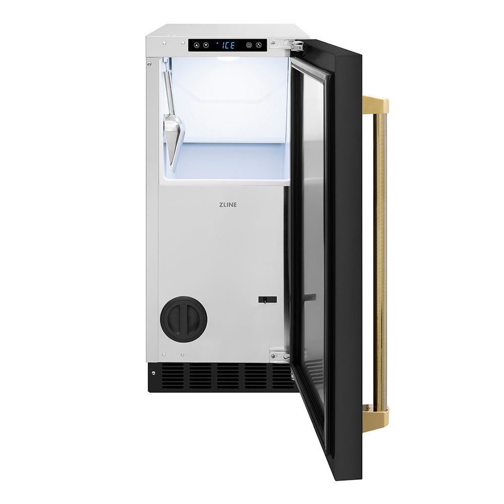 ZLINE Autograph Edition Touchstone 15-inch ice maker in black stainless steel and polished gold accents ICCDZ-BS-15-KG, front view