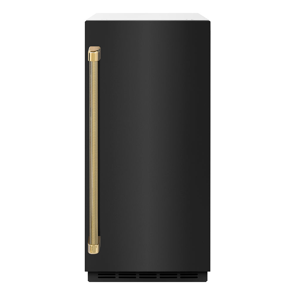 ZLINE Autograph Edition Touchstone 15-inch ice maker in black stainless steel and polished gold accents IGMDZ-BS-15-KG
