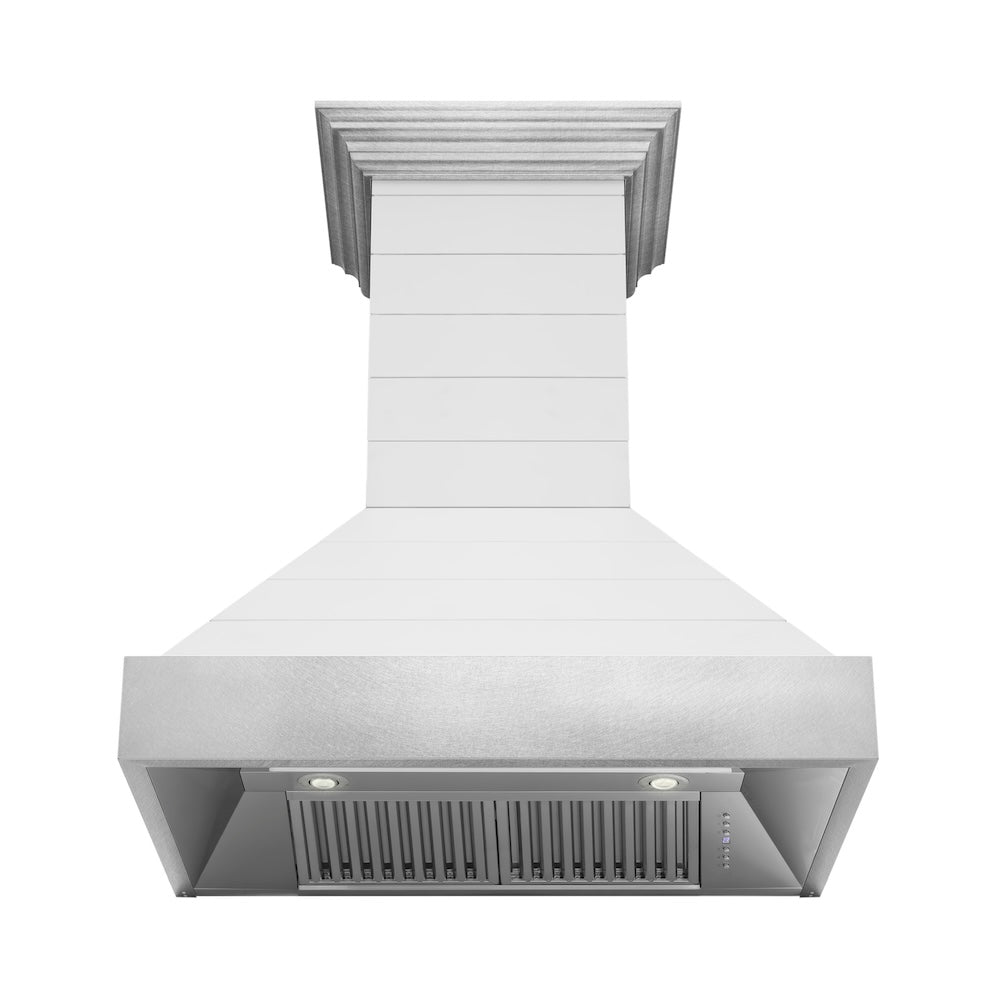 ZLINE Wooden 36-inch range hood in rustic shiplap bright white 365WW-36, front view