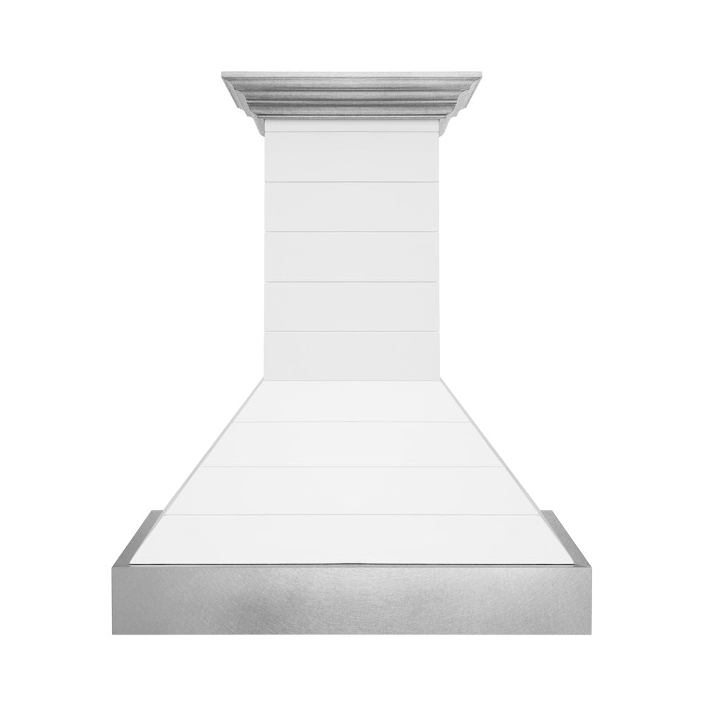 ZLINE Wooden 36-inch range hood in rustic shiplap bright white 365WW-36