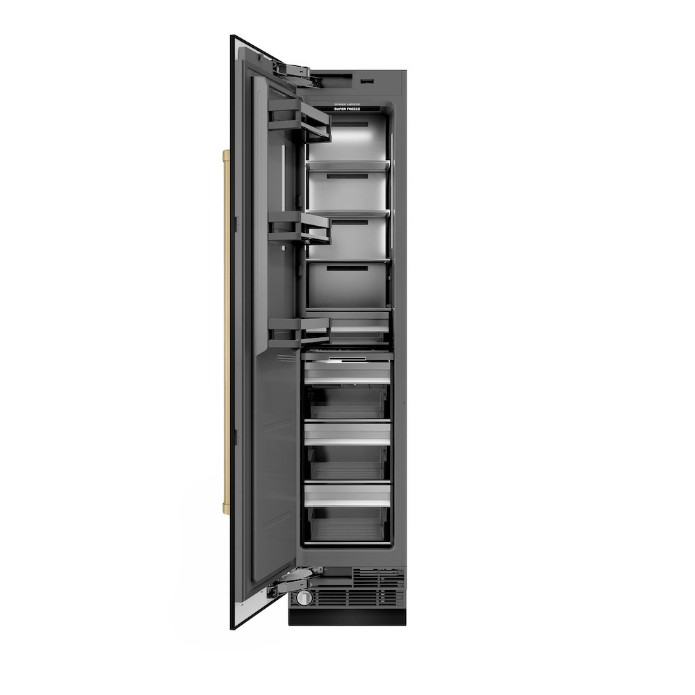 ZLINE Autograph Edition 18-inch freezer in black stainless steel with graphite gray interior and champagne bronze accents RCFVLZ-BS-18-CB