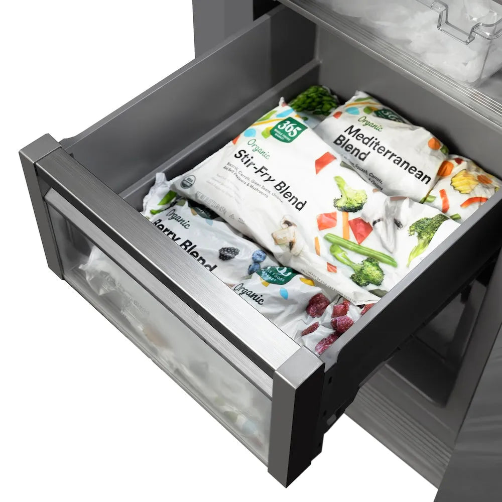 ZLINE Autograph Edition 18-inch freezer in black stainless steel with graphite gray interior and champagne bronze accents RCFVRZ-BS-18-CB, detail