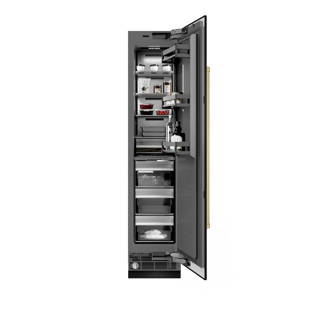 ZLINE Autograph Edition 18-inch freezer in black stainless steel with graphite gray interior and champagne bronze accents RCFVRZ-BS-18-CB, front view