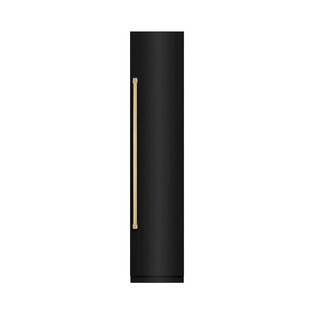 ZLINE Autograph Edition 18-inch freezer in black stainless steel with graphite gray interior and polished gold accents RCFVRZ-BS-18-G, front view