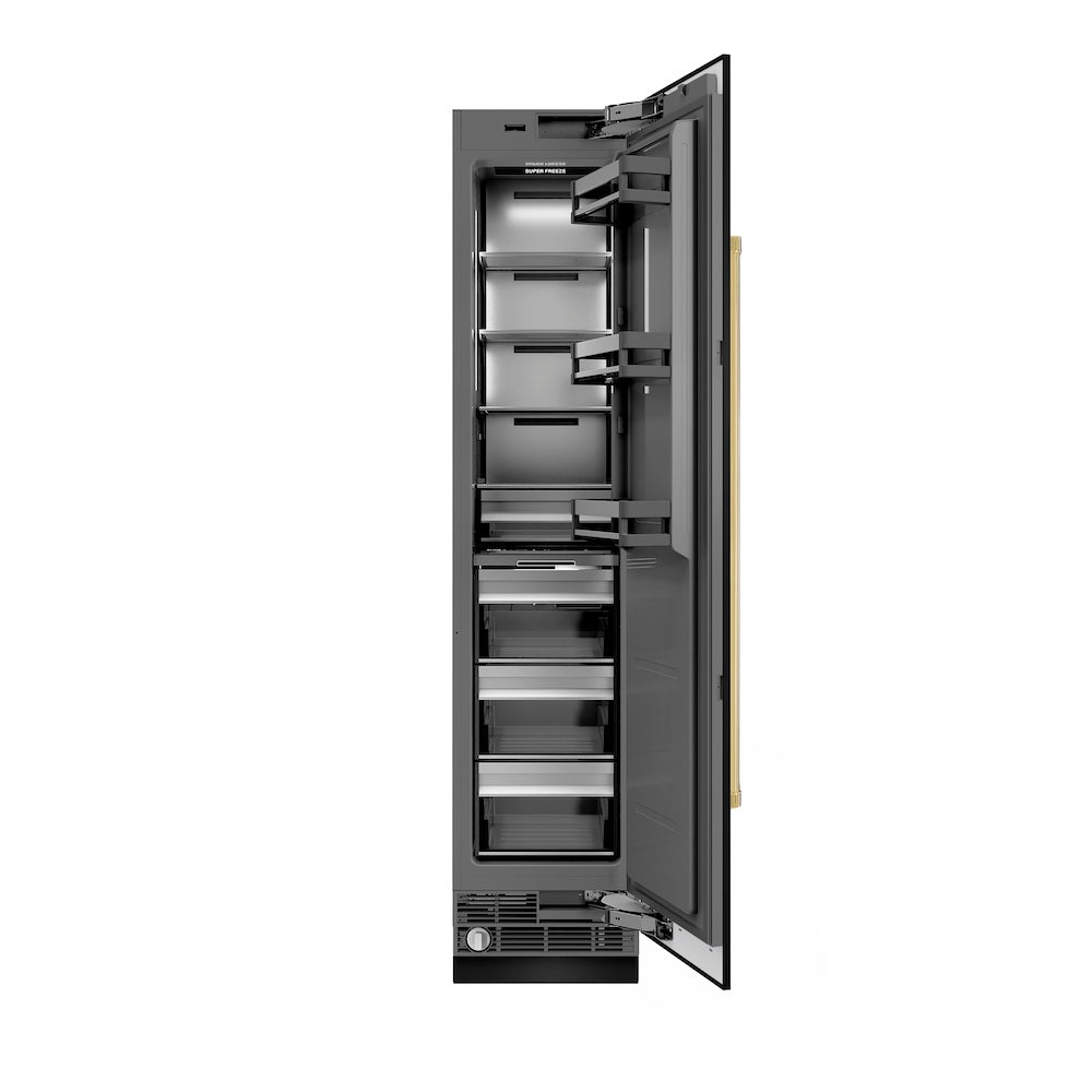 ZLINE Autograph Edition 18-inch freezer in black stainless steel with graphite gray interior and polished gold accents RCFVRZ-BS-18-G