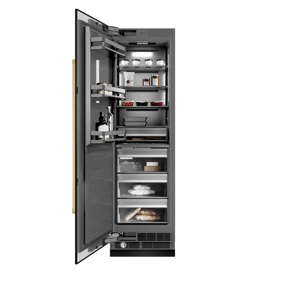 ZLINE Autograph Edition 24-inch freezer in black stainless steel with graphite gray interior and polished gold accents RCFVZ-BS-24-G, front view