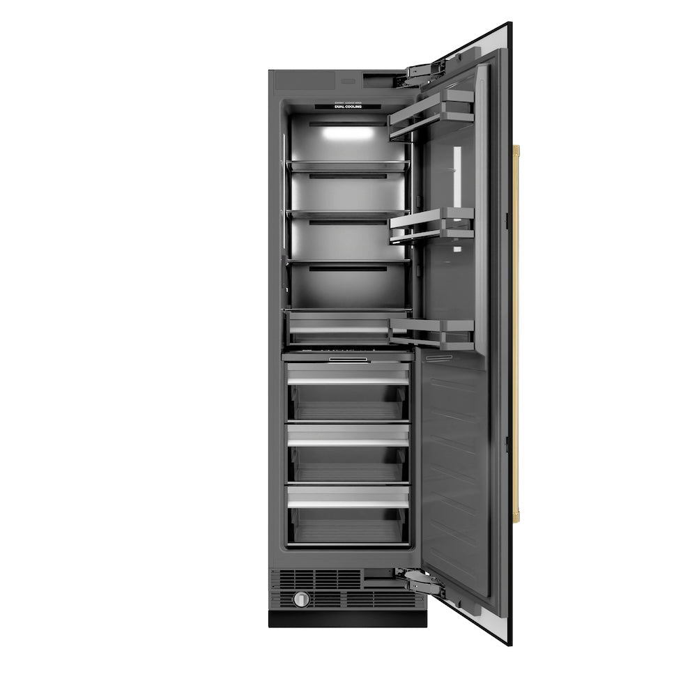 ZLINE Autograph Edition 24-inch refrigerator in black stainless steel with graphite gray interior and polished gold accents RCRVZ-BS-24-G