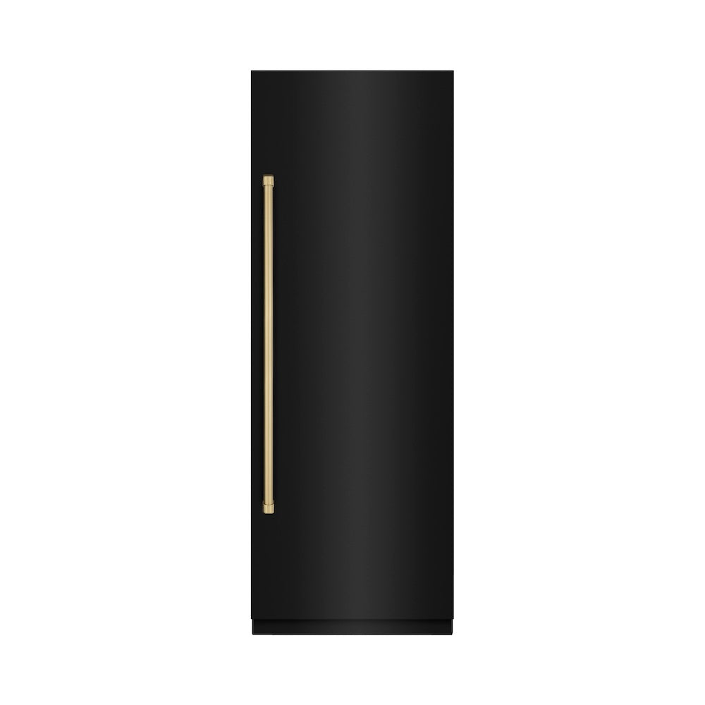 ZLINE Autograph Edition 30-inch refrigerator in black stainless steel with graphite gray interior and champagne bronze accents RCRVZ-BS-30-CB, front view