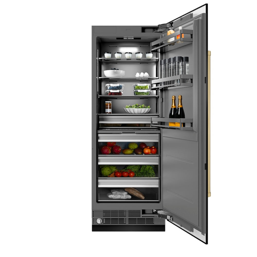 ZLINE Autograph Edition 30-inch refrigerator in black stainless steel with graphite gray interior and champagne bronze accents RCRVZ-BS-30-CB, front view
