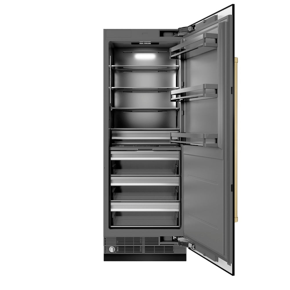 ZLINE Autograph Edition 30-inch refrigerator in black stainless steel with graphite gray interior and champagne bronze accents RCRVZ-BS-30-CB