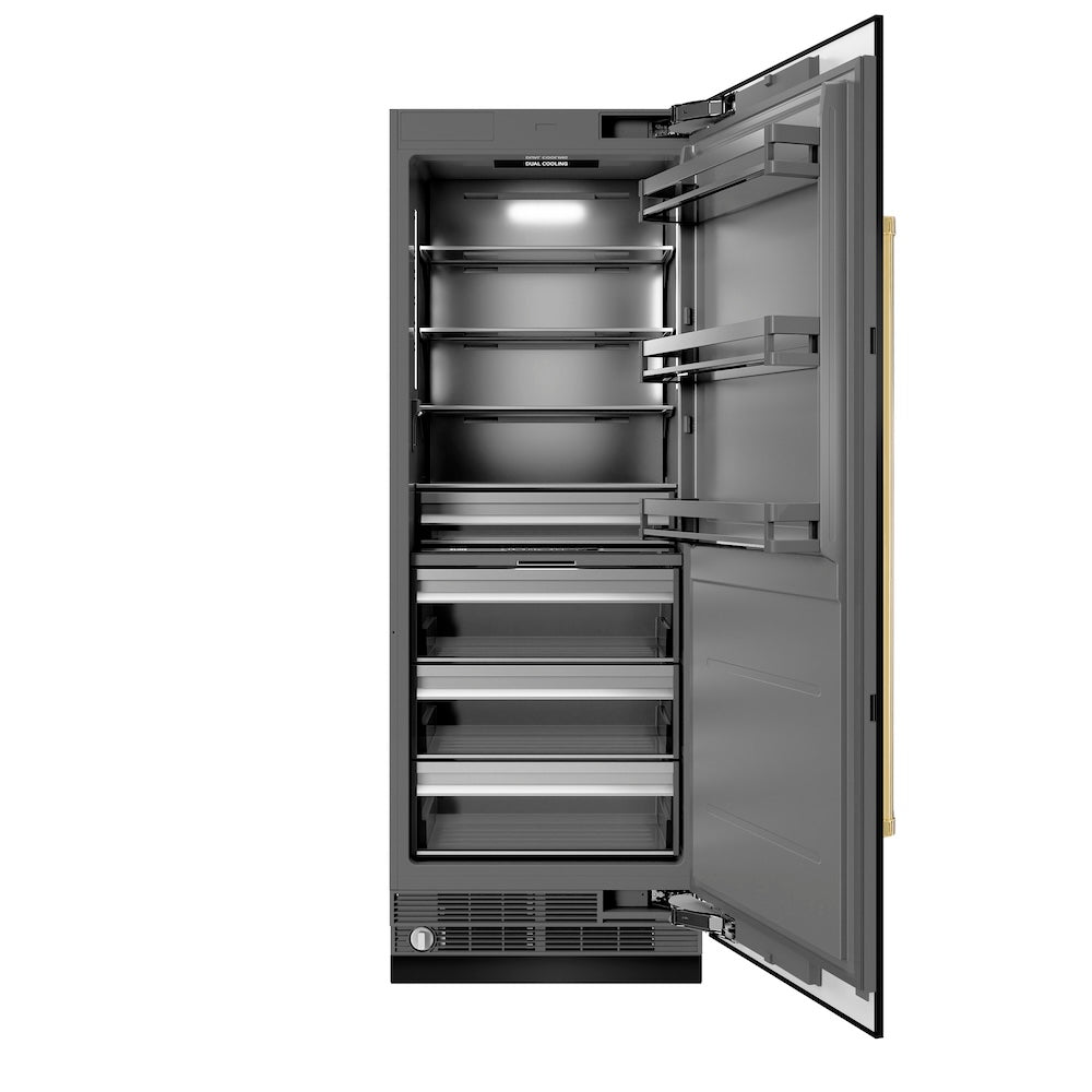 ZLINE Autograph Edition 30-inch refrigerator in black stainless steel with graphite gray interior and polished gold accents RCRVZ-BS-30-G