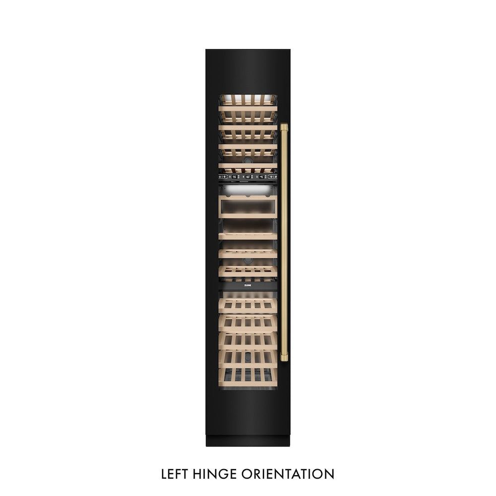 ZLINE Autograph Edition 18-inch wine cooler in black stainless steel with graphite gray interior and champagne bronze accents RCWVLZ-BS-18-CB