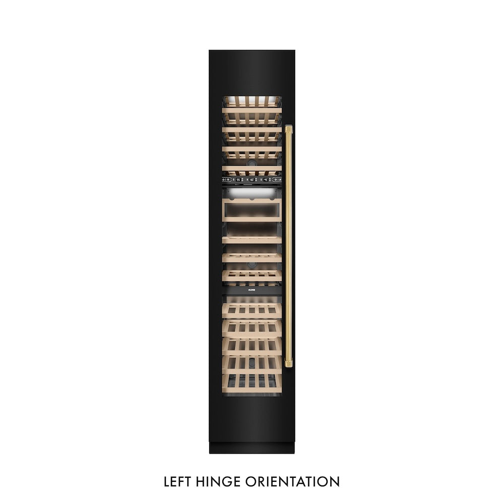 ZLINE Autograph Edition 18-inch wine cooler in black stainless steel with graphite gray interior and polished gold accents RCWVLZ-BS-18-G