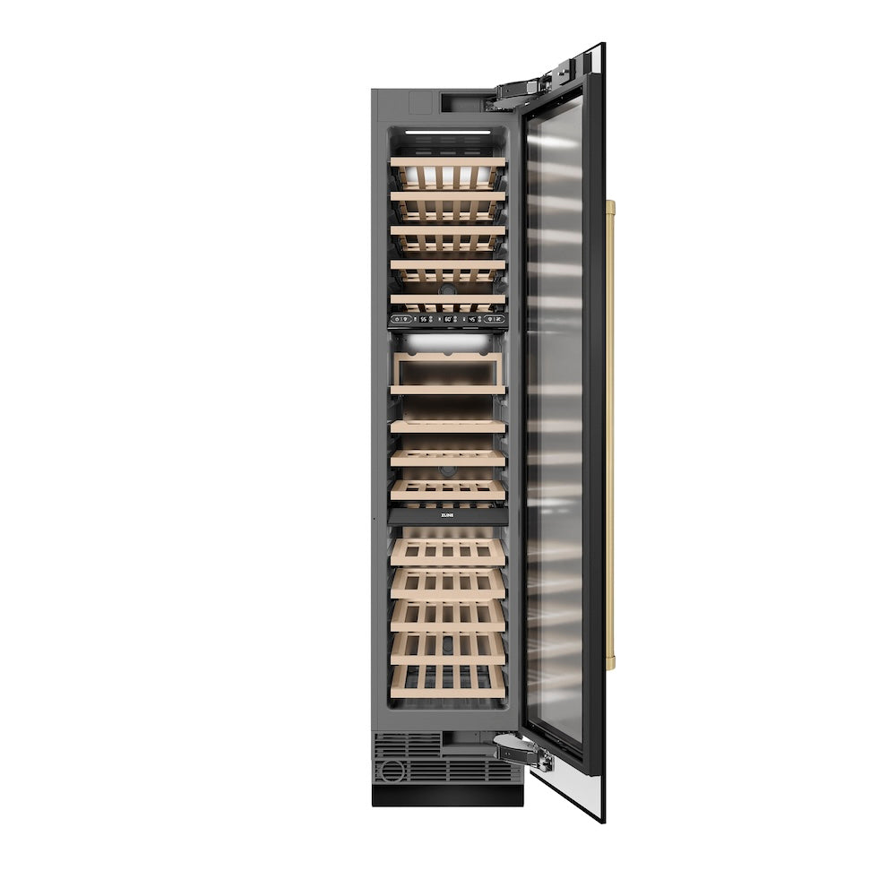 ZLINE Autograph Edition 18-inch wine cooler in black stainless steel with graphite gray interior and champagne bronze accents RCWVRZ-BS-18-CB, front view
