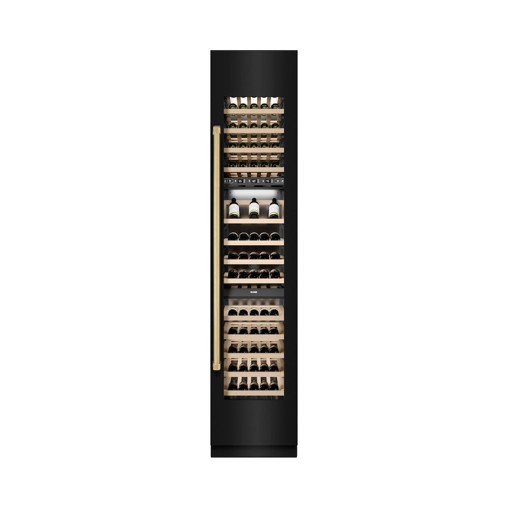 ZLINE Autograph Edition 18-inch wine cooler in black stainless steel with graphite gray interior and polished gold accents RCWVRZ-BS-18-G, front view