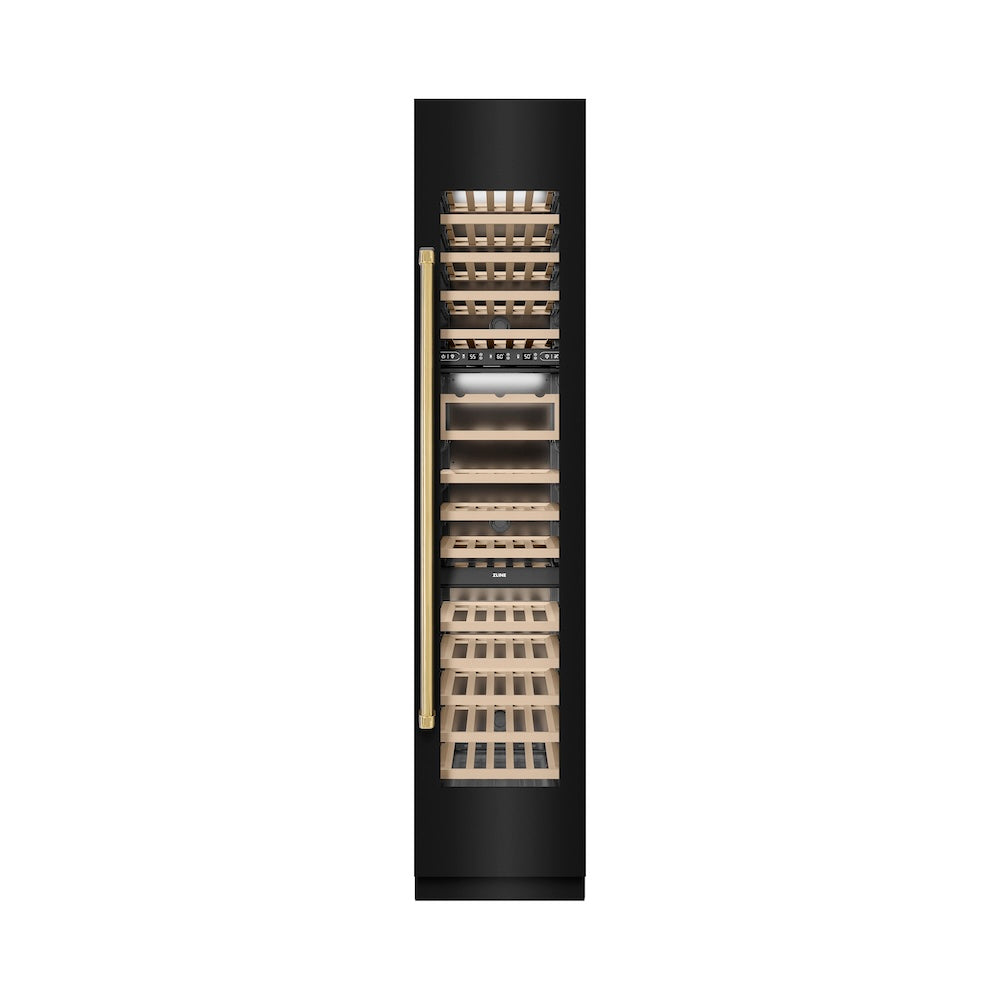 ZLINE Autograph Edition 18-inch wine cooler in black stainless steel with graphite gray interior and polished gold accents RCWVRZ-BS-18-G, front view