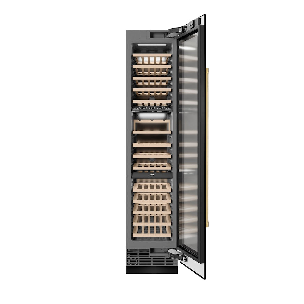 ZLINE Autograph Edition 18-inch wine cooler in black stainless steel with graphite gray interior and polished gold accents RCWVRZ-BS-18-G, front view