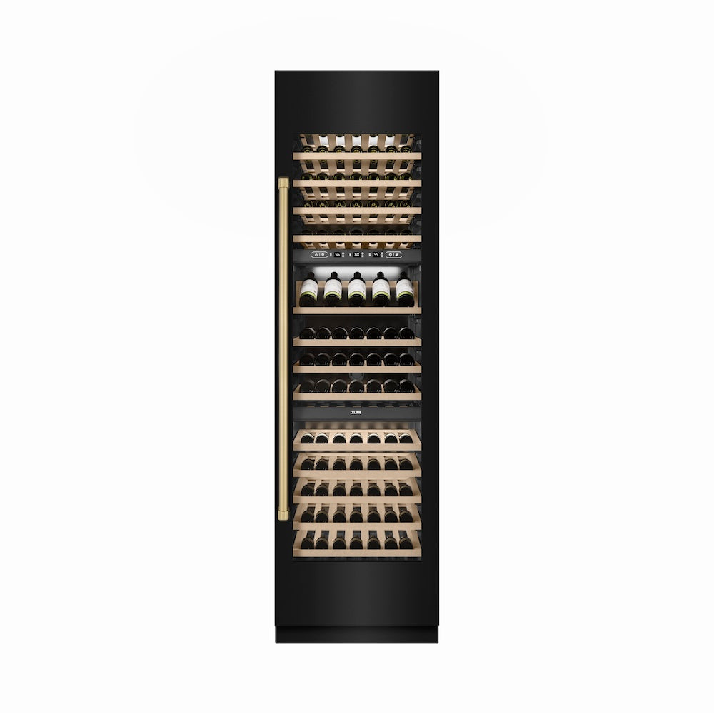 ZLINE Autograph Edition 24-inch wine cooler in black stainless steel with graphite gray interior and champagne bronze accents RCWVZ-BS-24-CB, front view