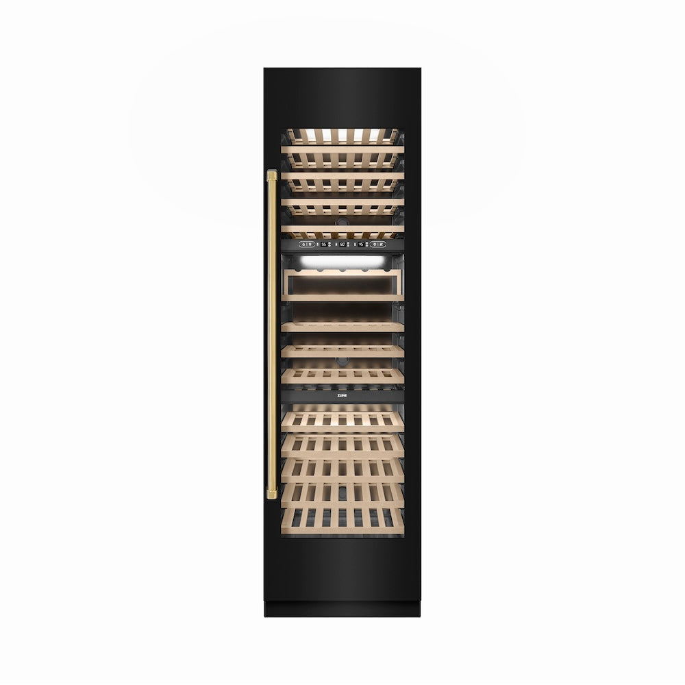 ZLINE Autograph Edition 24-inch wine cooler in black stainless steel with graphite gray interior and polished gold accents RCWVZ-BS-24-G