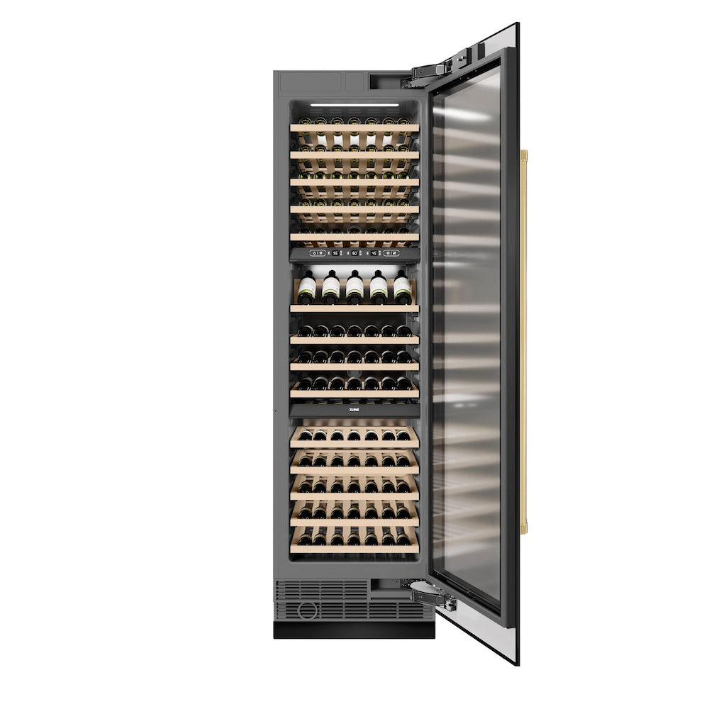 ZLINE Autograph Edition 24-inch wine cooler in black stainless steel with graphite gray interior and polished gold accents RCWVZ-BS-24-G, front view