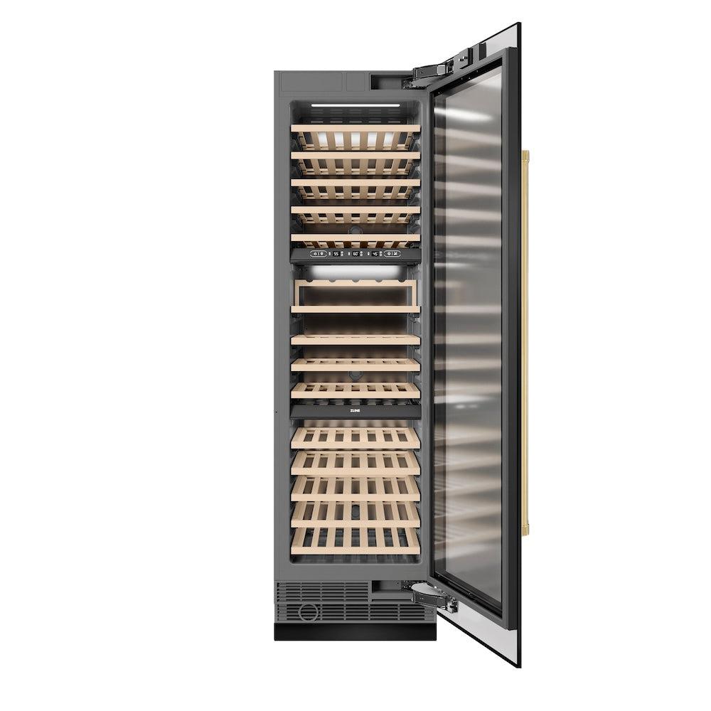 ZLINE Autograph Edition 24-inch wine cooler in black stainless steel with graphite gray interior and polished gold accents RCWVZ-BS-24-G, front view