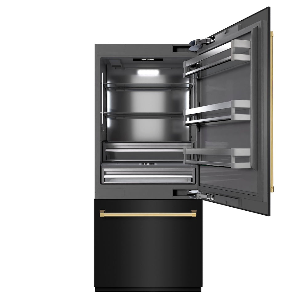 ZLINE Autograph Edition 36-inch refrigerator in black stainless steel with graphite gray interior and polished gold accents GRBITZ-BS-36-G
