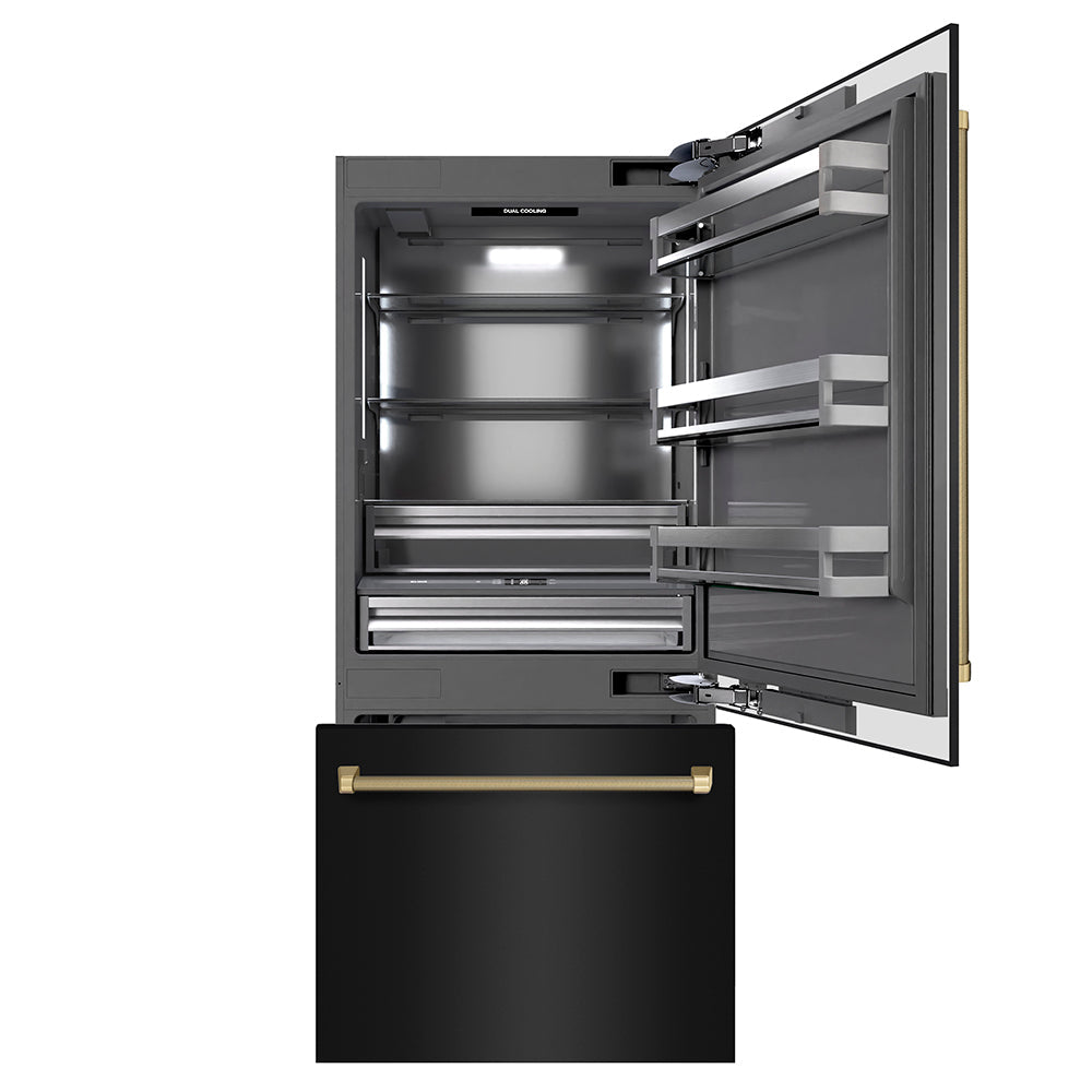 ZLINE Autograph Edition 36-inch refrigerator in black stainless steel with graphite gray interior and champagne bronze accents GRBITZ-BS36-KCB, front view