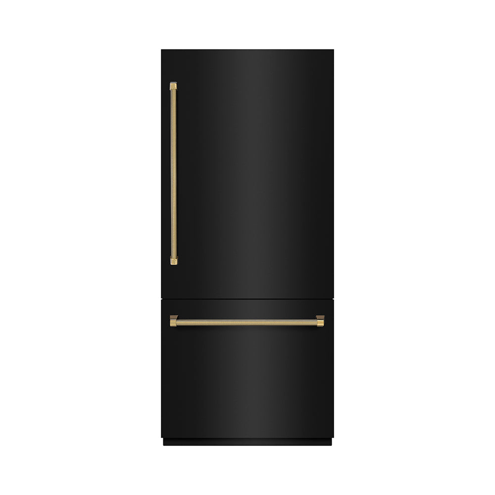 ZLINE Autograph Edition 36-inch refrigerator in black stainless steel with graphite gray interior and polished gold accents GRBITZ-BS36-KG, front view