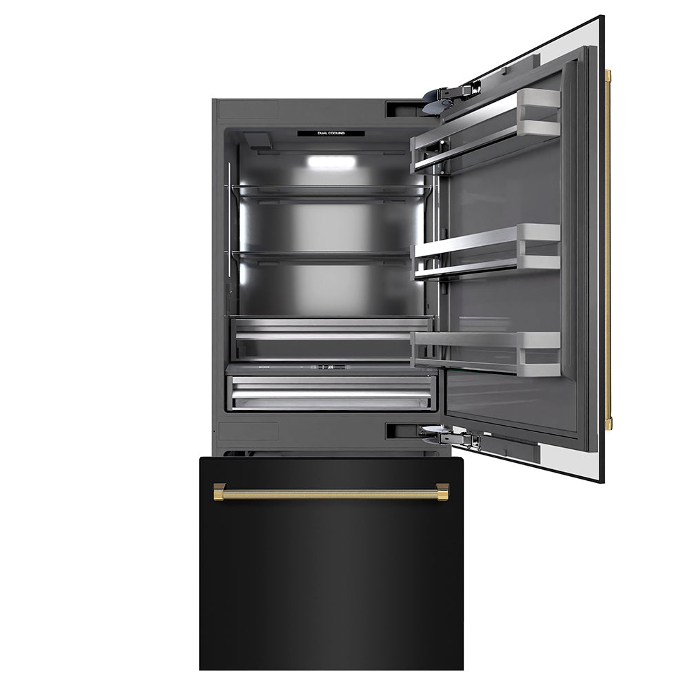 ZLINE Autograph Edition 36-inch refrigerator in black stainless steel with graphite gray interior and polished gold accents GRBITZ-BS36-KG, front view