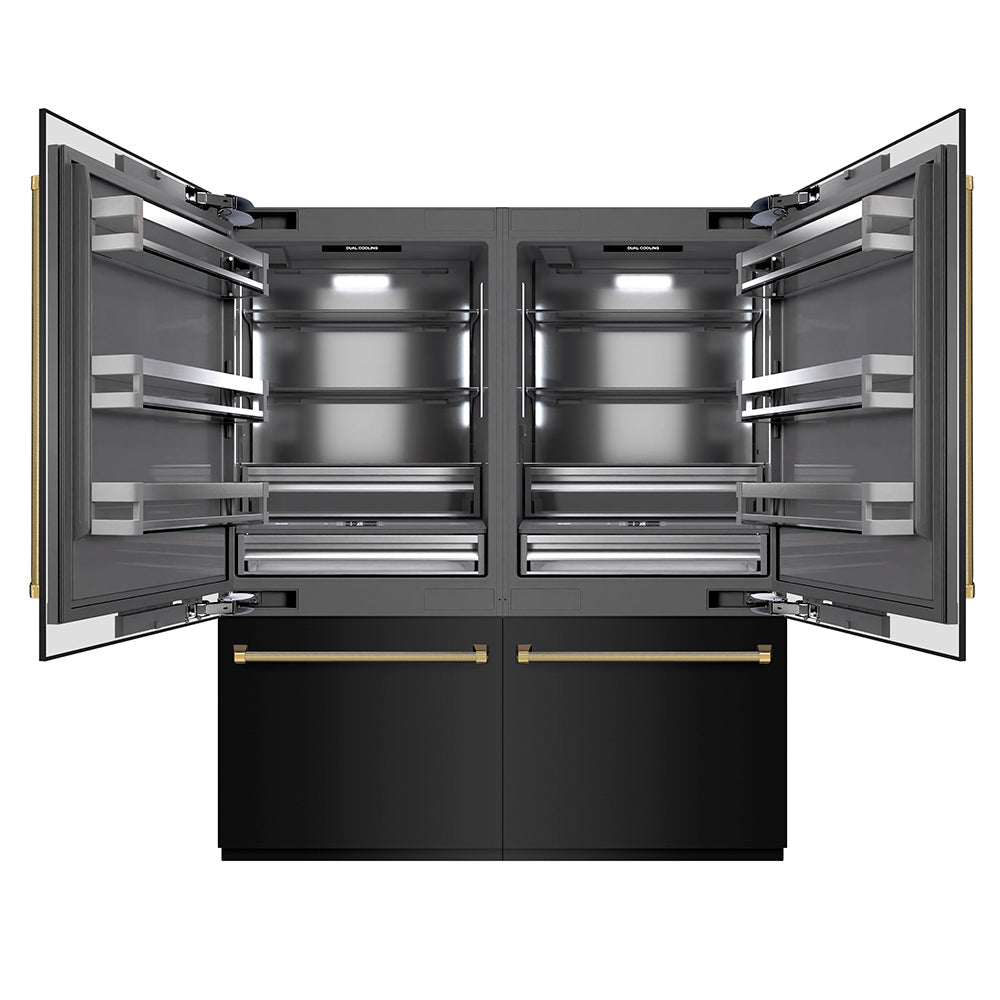 ZLINE Autograph Edition 72-inch refrigerator in black stainless steel with graphite gray interior and polished gold accents GRBITZ-BS72-KG, front view