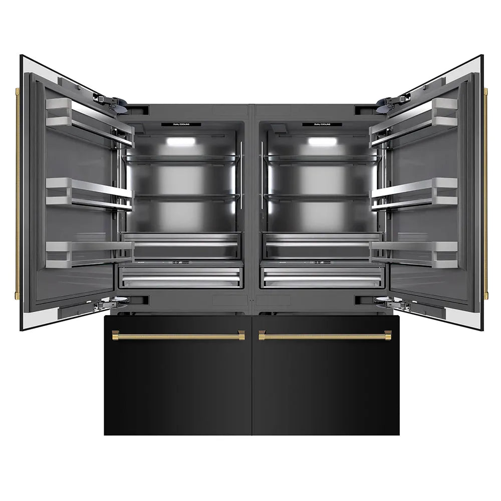 ZLINE Autograph Edition 72-inch refrigerator in black stainless steel with graphite gray interior and polished gold accents GRBITZ-BS72-KG