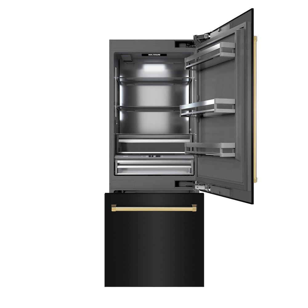 ZLINE Autograph Edition 30-inch refrigerator in black stainless steel with graphite gray interior and polished gold accents GRBIVZ-BS-30-G