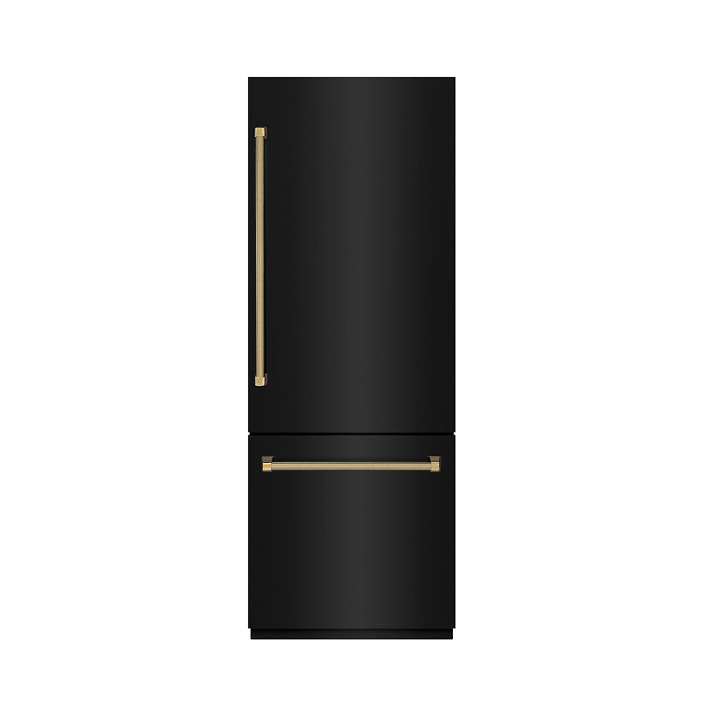 ZLINE Autograph Edition 30-inch refrigerator in black stainless steel with graphite gray interior and polished gold accents GRBIVZ-BS30KG, front view