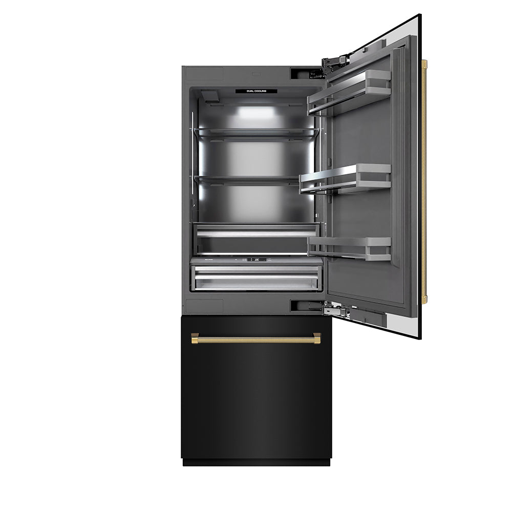 ZLINE Autograph Edition 30-inch refrigerator in black stainless steel with graphite gray interior and polished gold accents GRBIVZ-BS30KG, front view