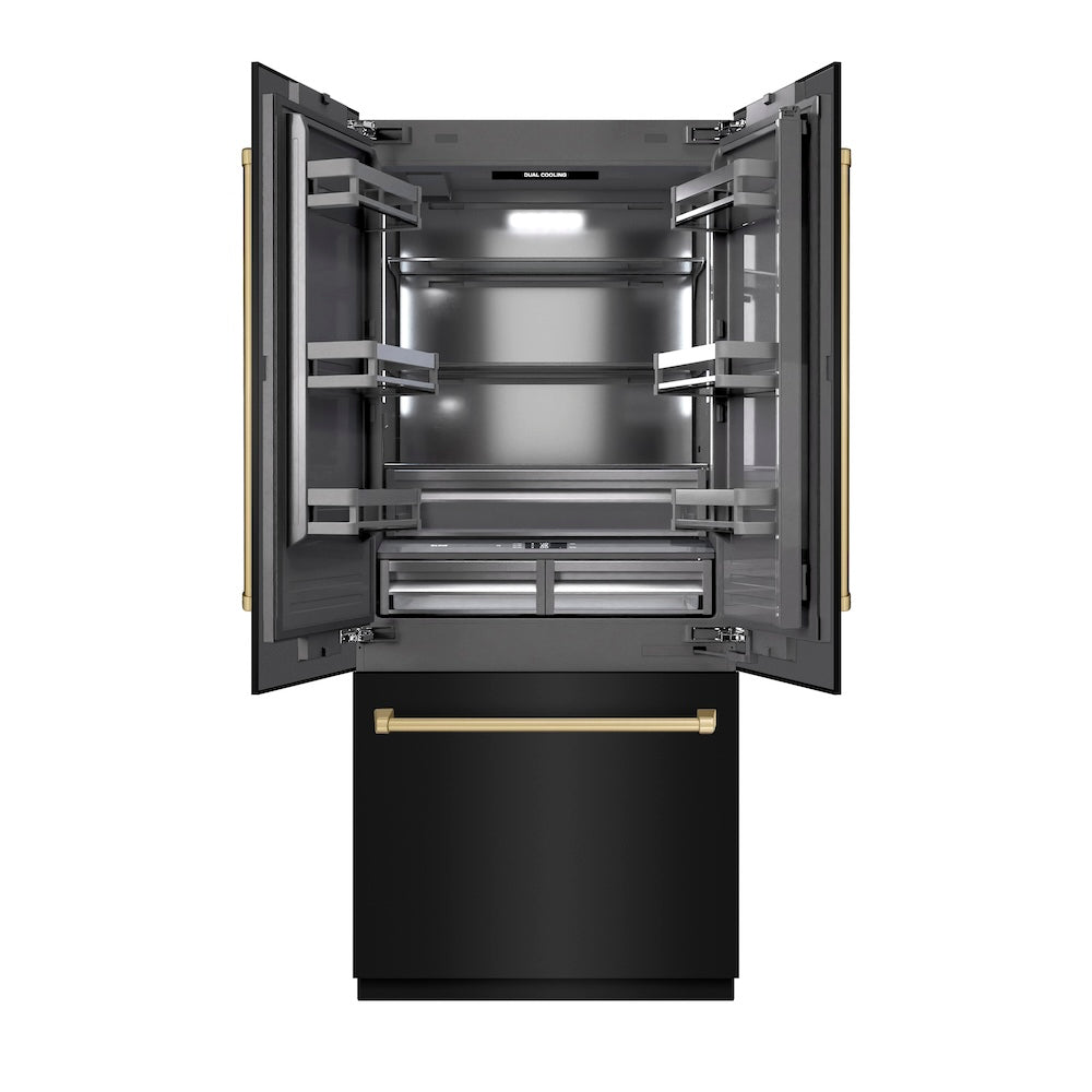 ZLINE Autograph Edition 36-inch refrigerator in black stainless steel with graphite gray interior and champagne bronze accents GRBIVZ-BS-36-CB, front view