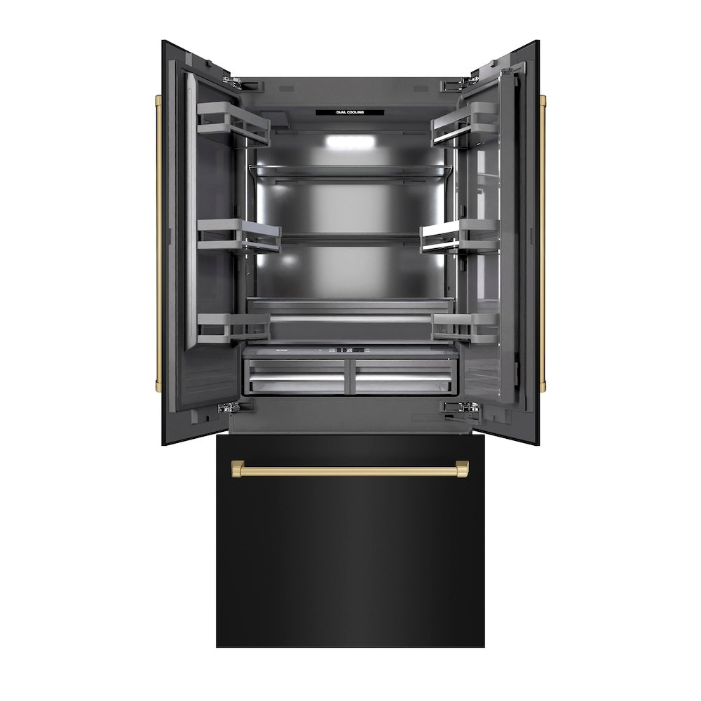 ZLINE Autograph Edition 36-inch refrigerator in black stainless steel with graphite gray interior and champagne bronze accents GRBIVZ-BS-36-CB