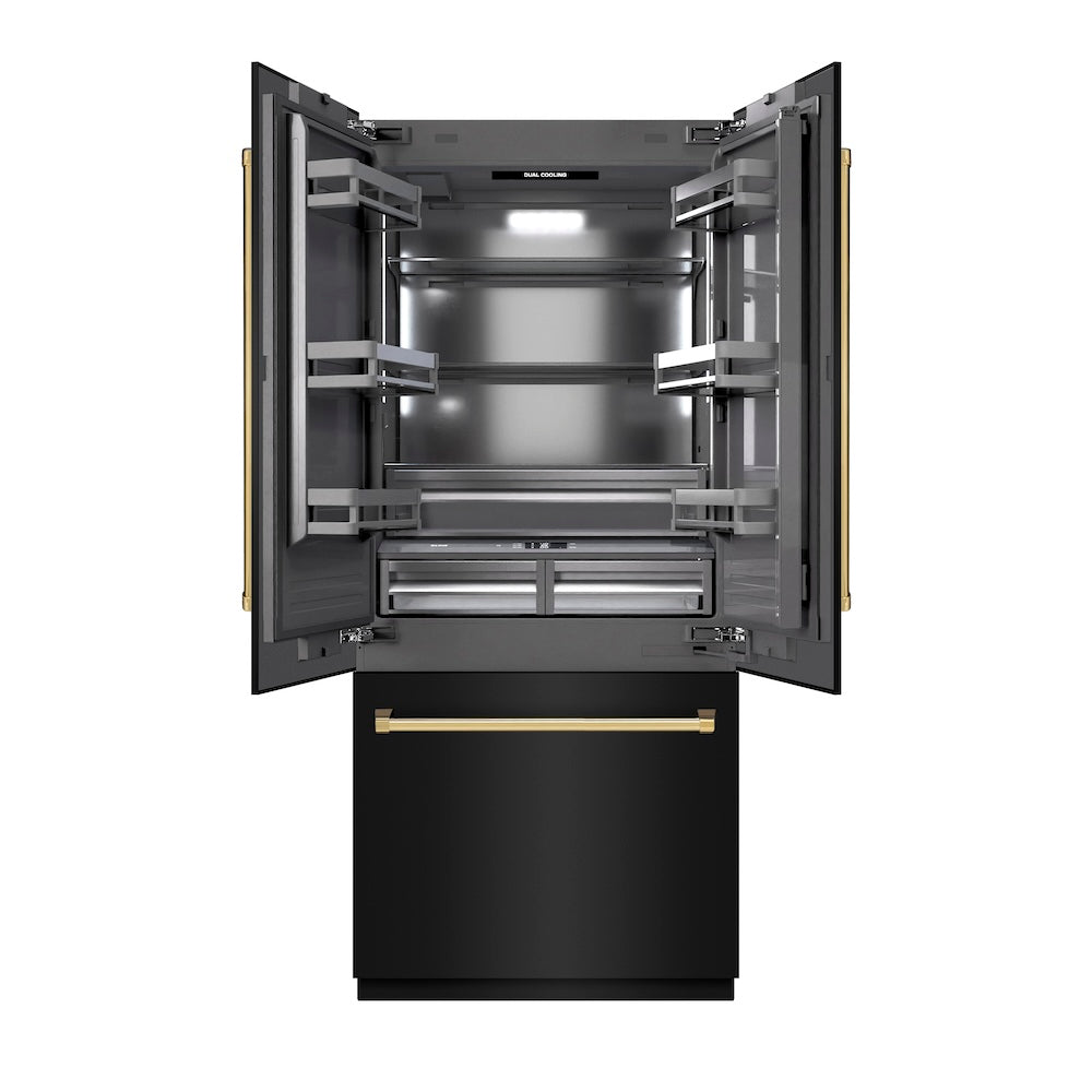 ZLINE Autograph Edition 36-inch refrigerator in black stainless steel with graphite gray interior and polished gold accents GRBIVZ-BS-36-G