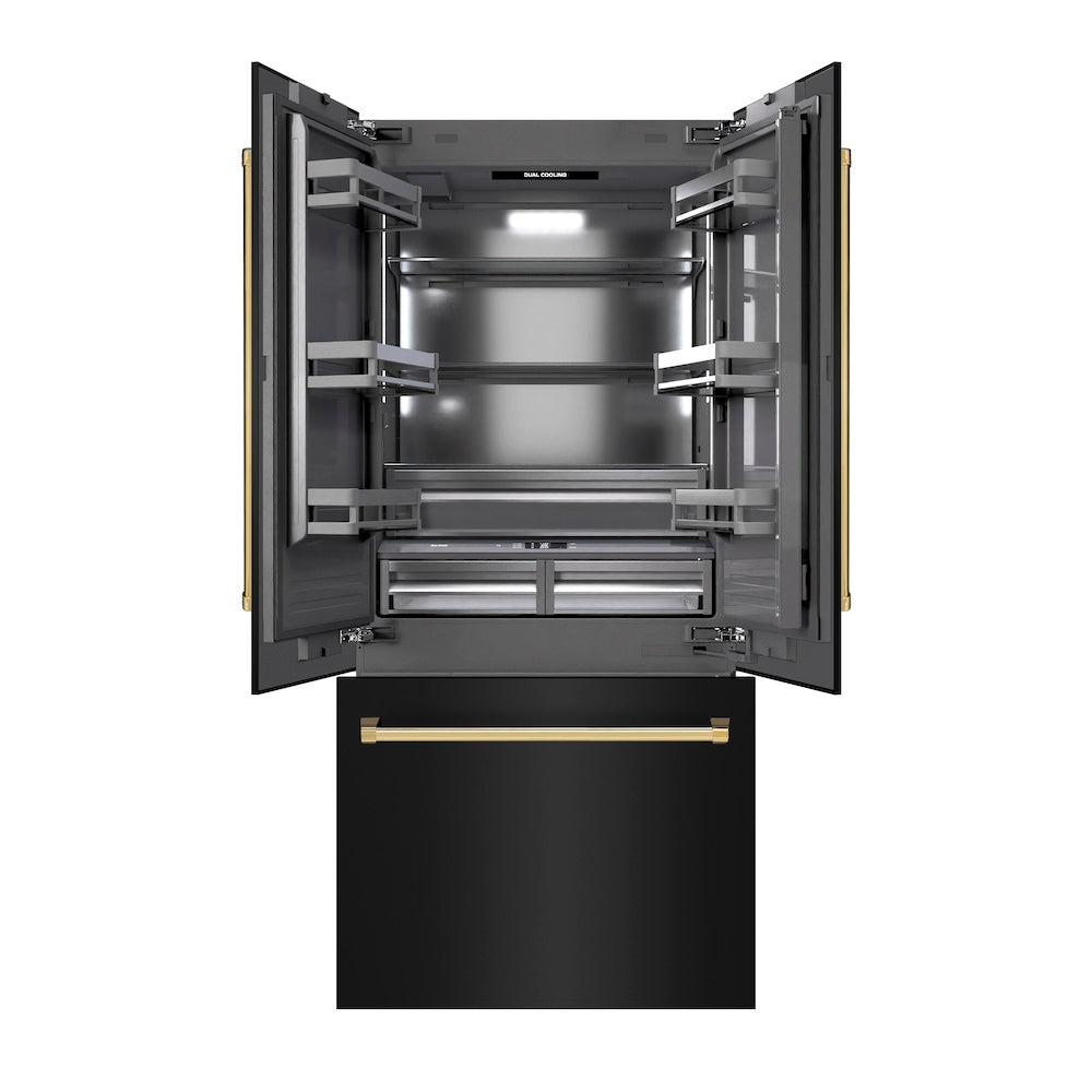 ZLINE Autograph Edition 36-inch refrigerator in black stainless steel with graphite gray interior and polished gold accents GRBIVZ-BS-36-G, front view
