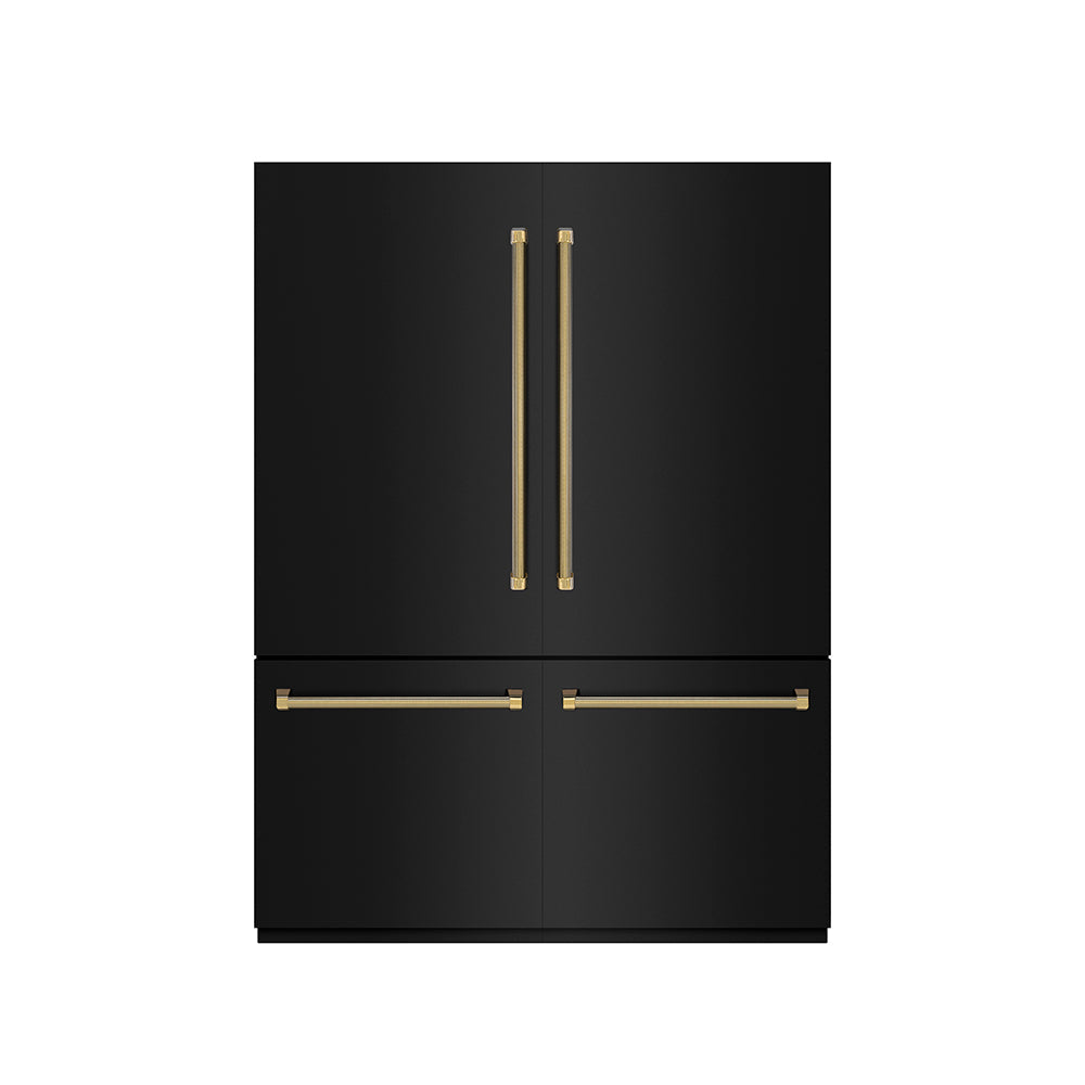 ZLINE Autograph Edition 60-inch refrigerator in black stainless steel with graphite gray interior and polished gold accents GRBIVZ-BS60KG, front view