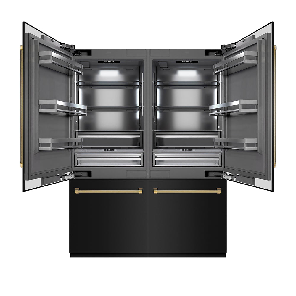 ZLINE Autograph Edition 60-inch refrigerator in black stainless steel with graphite gray interior and polished gold accents GRBIVZ-BS60KG, front view