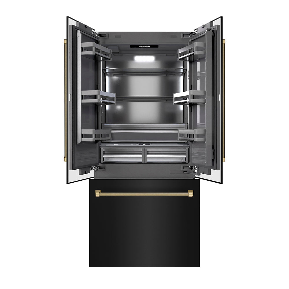 ZLINE Autograph Edition 36-inch refrigerator in black stainless steel with graphite gray interior and champagne bronze accents GRBIVZ-BS36KCB, front view