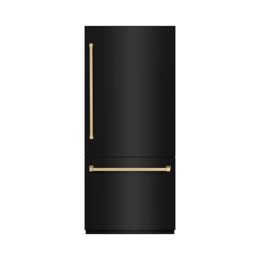ZLINE Autograph Edition 36-inch refrigerator in black stainless steel with bright white interior and champagne bronze accents RBITZ-BS-36-CB
