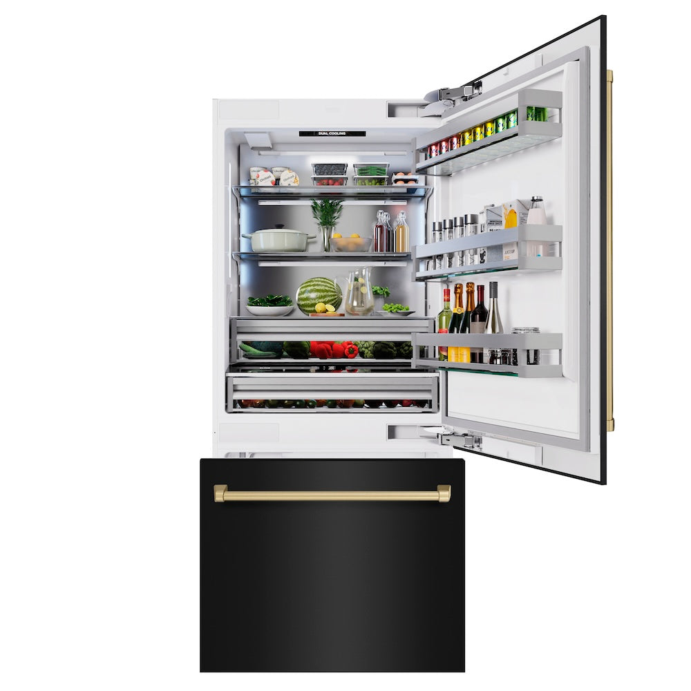 ZLINE Autograph Edition 36-inch refrigerator in black stainless steel with bright white interior and champagne bronze accents RBITZ-BS-36-CB, front view