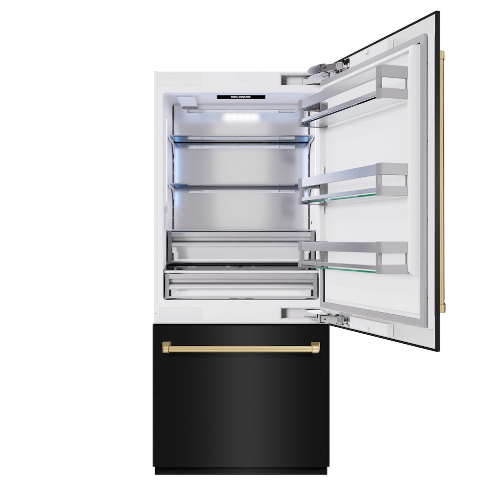 ZLINE Autograph Edition 36-inch refrigerator in black stainless steel with bright white interior and champagne bronze accents RBITZ-BS-36-CB, front view
